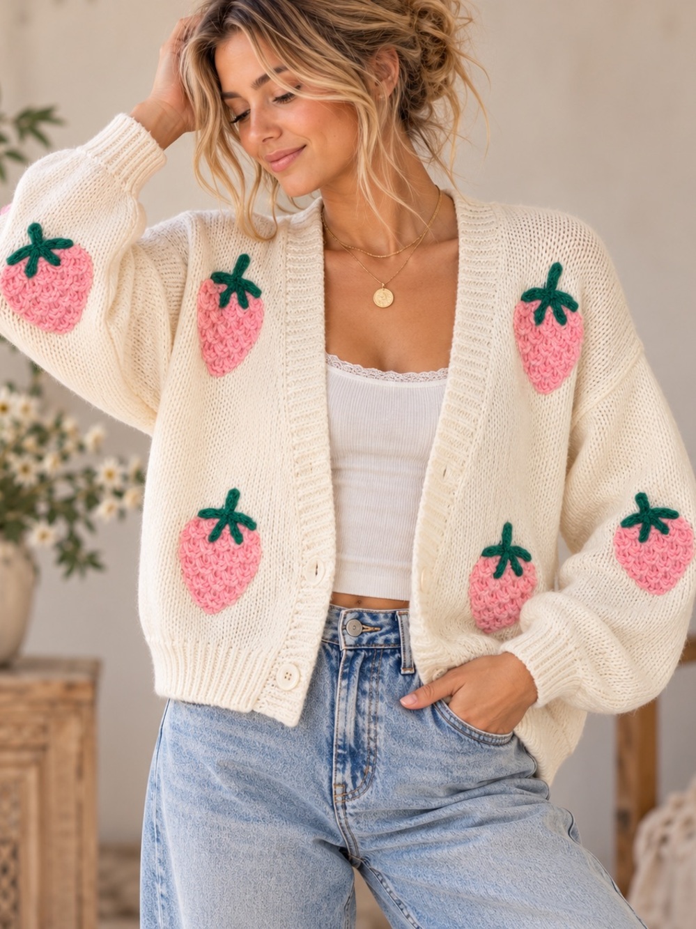 Oversized 3D Strawberry Cottagecore Knit Cardigan